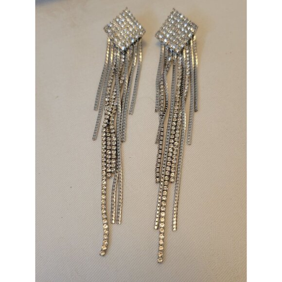 Rhinestone Statement Dangle Earrings With Long Tassels Wedding Boho Fringe 5" - Picture 4 of 6